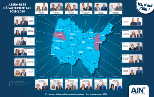 Carte des 23 cantons du Département de l'Ain avec autour les binômes d'élus soient 46 conseillers départementaux élus jusqu'en mars 2028